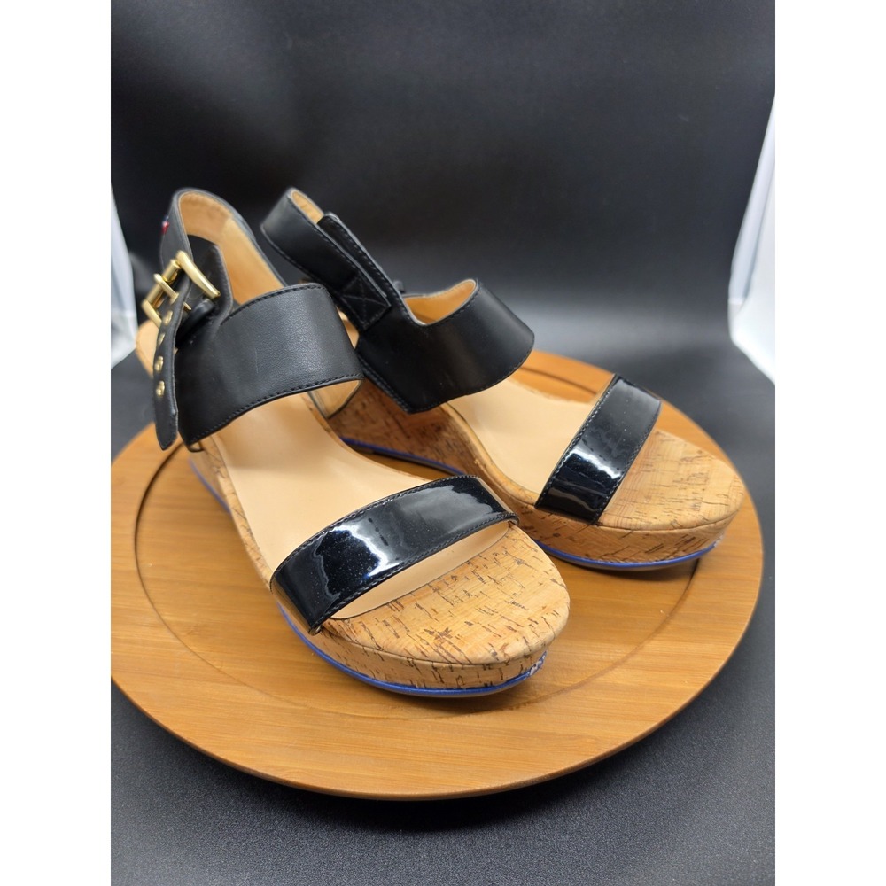Tommy Hilfiger Cork Wedge Black Strappy Sandals Womens Size 9